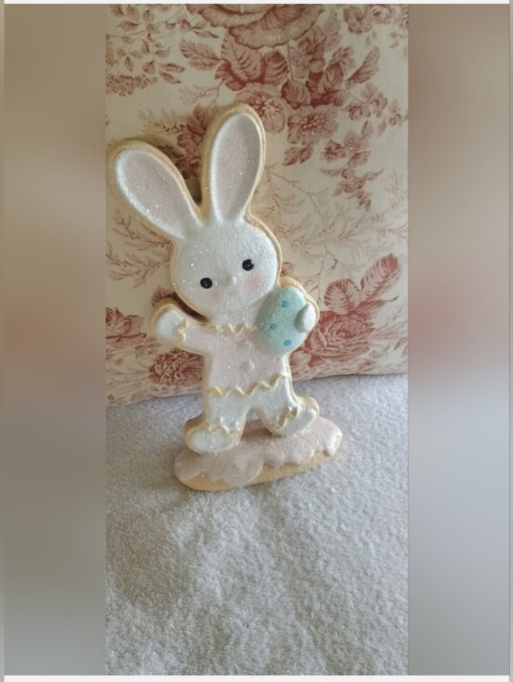 Sparkling White Bunny Resin Figurine with Pastel Blue Egg